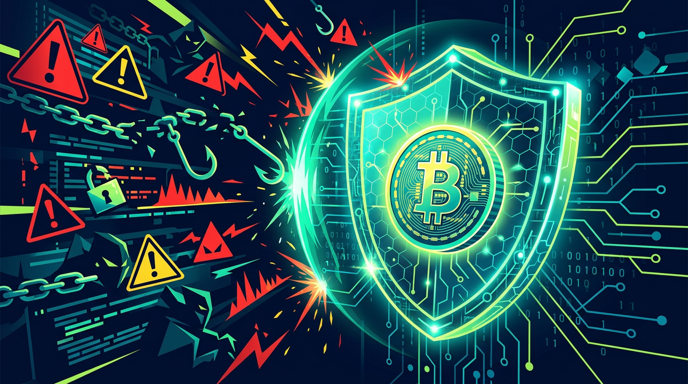 Flash USDT Scams: Common Warning Signs — Cybersecurity shield protecting a cryptocurrency transaction from warning signals