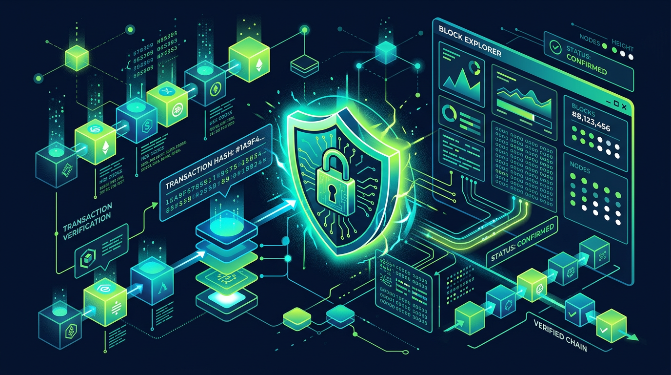 How to Check a USDT Transaction on TRONSCAN — Blockchain transaction verification concept with shield and explorer panels